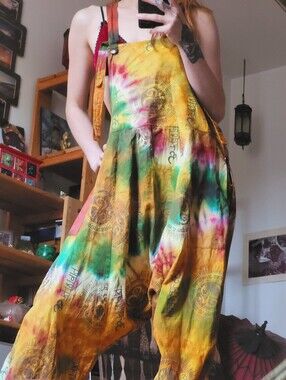 Tie-Dye Printed Cotton Harem Dungarees Overalls Boho Relaxed Fit Multicolor - OS